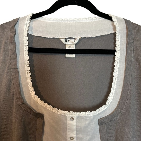 NEXX Woman Knit 75% Silk 25%Nylon 100% Woven Cotton London Fog Gray & White Top - Picture 4 of 15